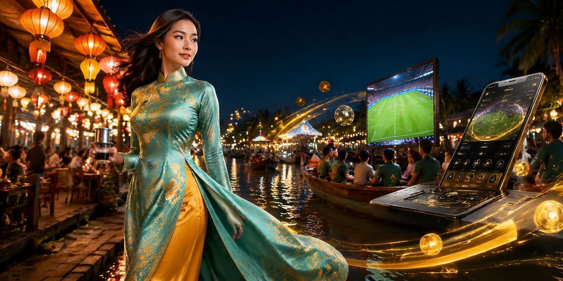 Người dùng tìm hiểu thông tin cá cược tại vùng sông Mekong với trang phục áo dài truyền thống